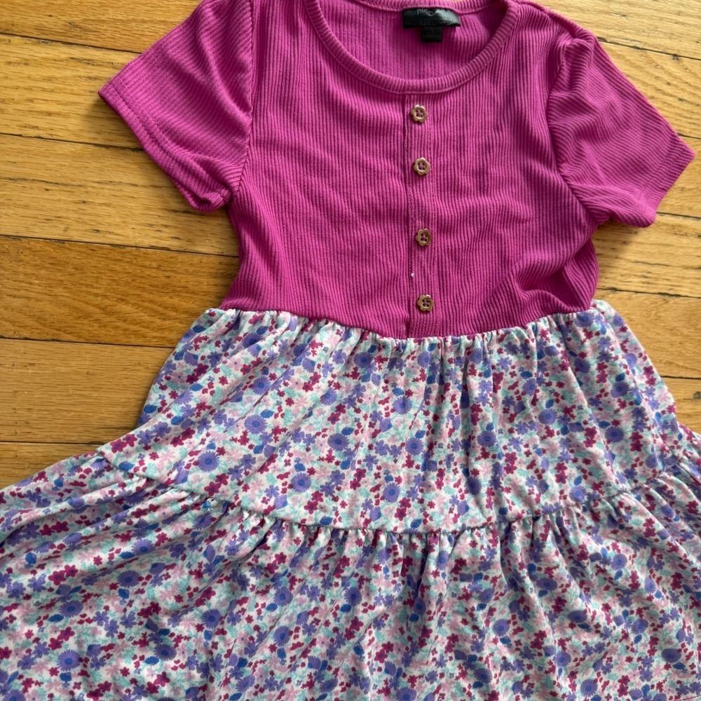 Picappino Girls Size 5 Magenta Ribbed Floral Tiered Short Sleeve Dress Purple‎